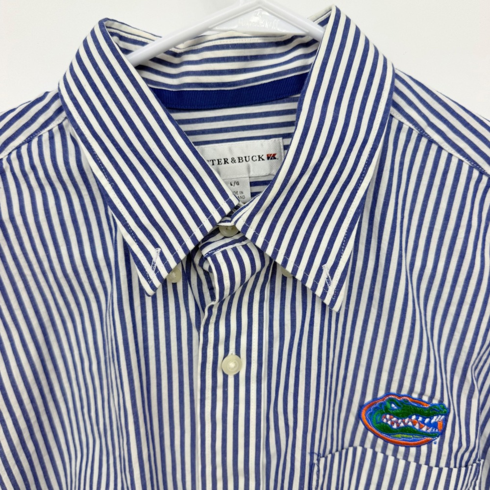 Cutter & Buck Button Down Mens Large Blue Striped Florida Gators Logo Shirt